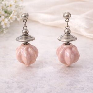Pink Ceramic Drop Earrings Silver Tone Pierced Dangle Boho Style